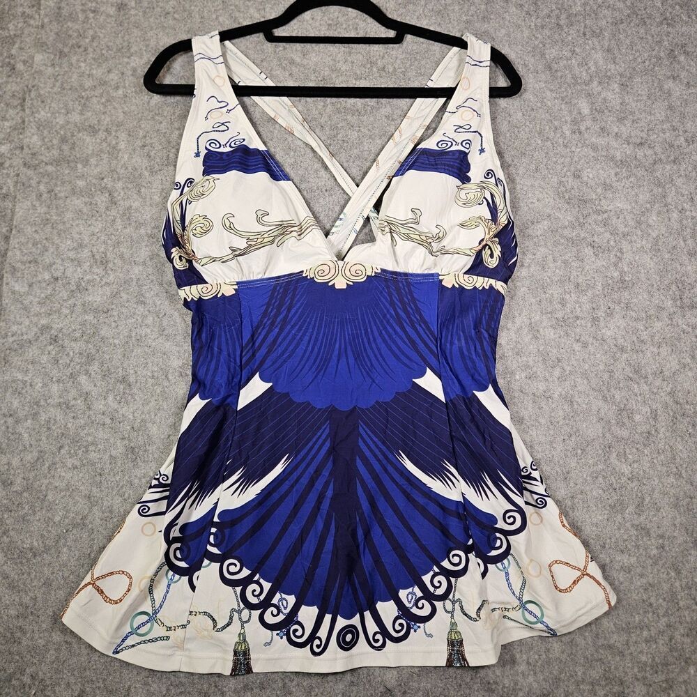 Womens Blue White Crisscross Strap‎ Tankini Top Elegant Yacht Summer Beach READ